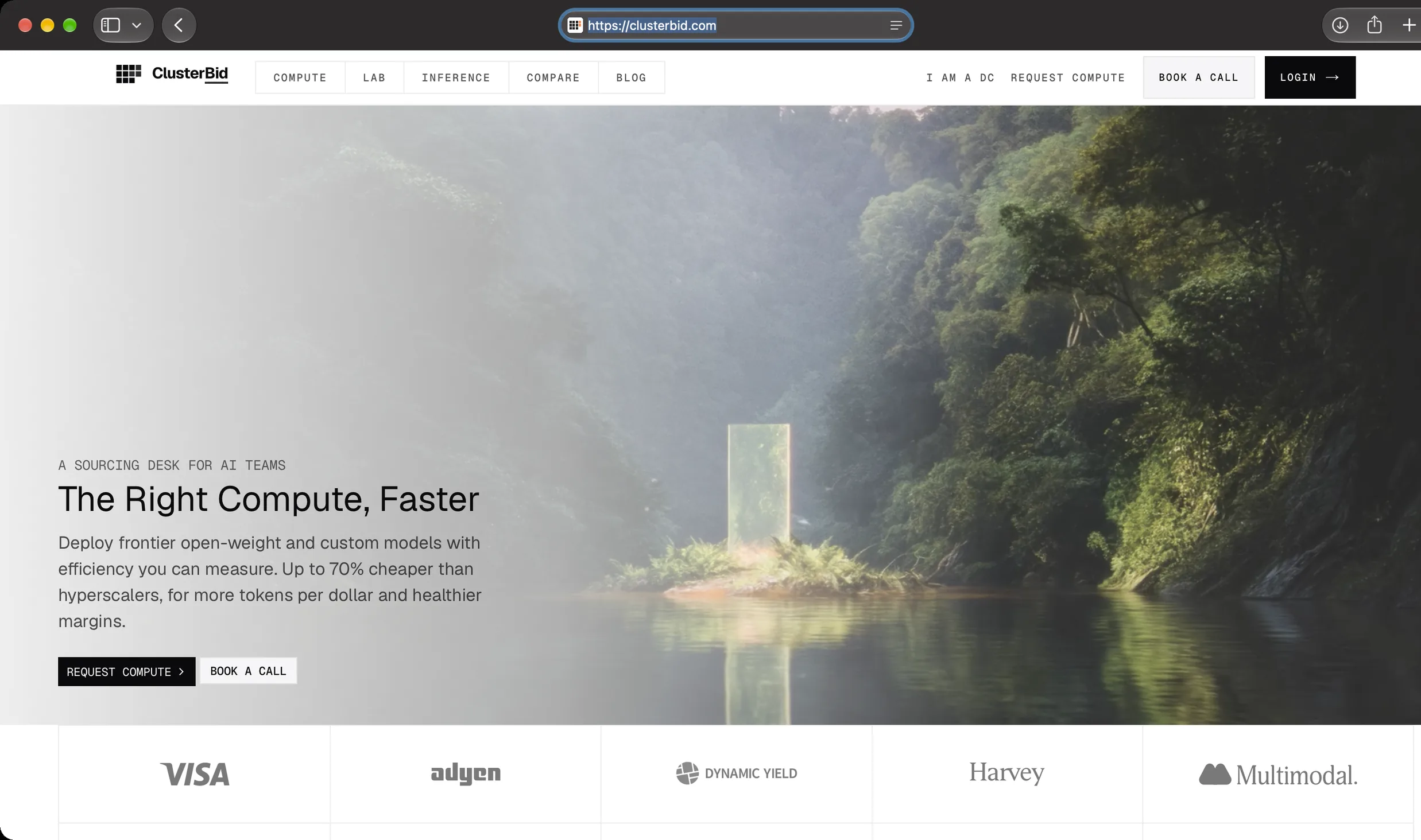 ClusterBid homepage hero showing The Right Compute, Faster over forest gateway art
