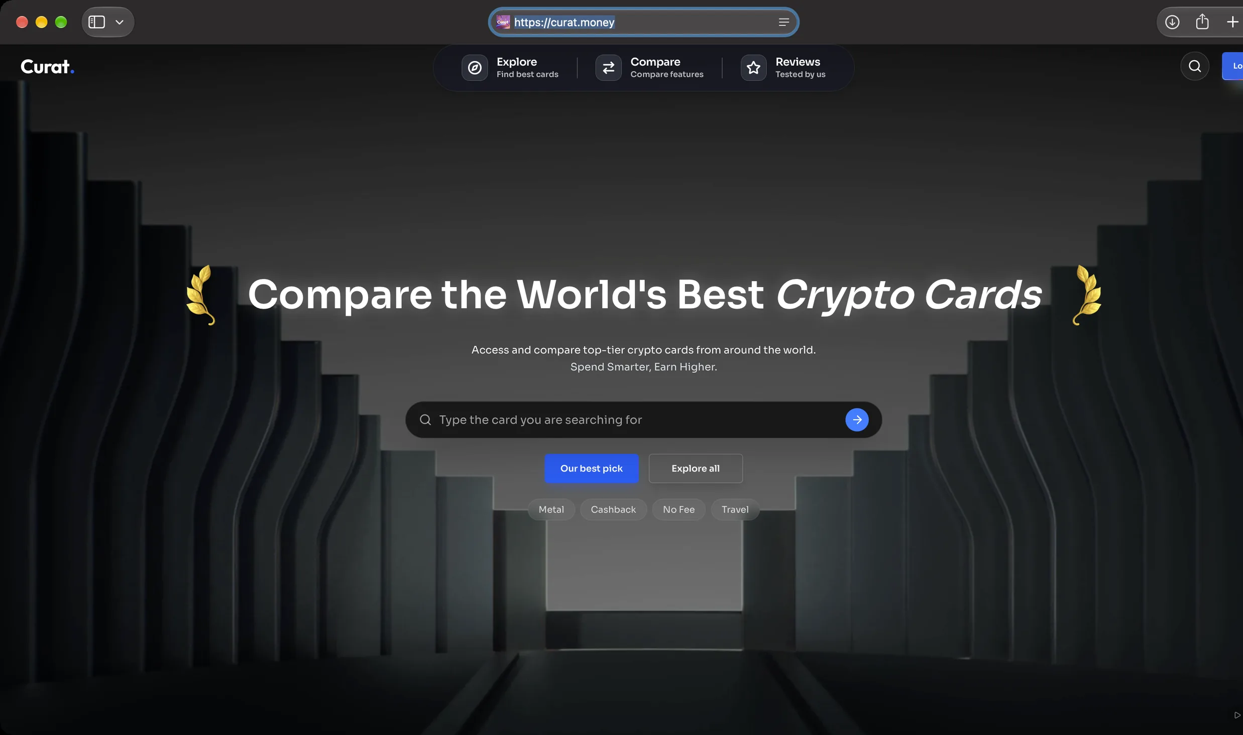 Curat homepage hero showing Compare the World's Best Crypto Cards with card search