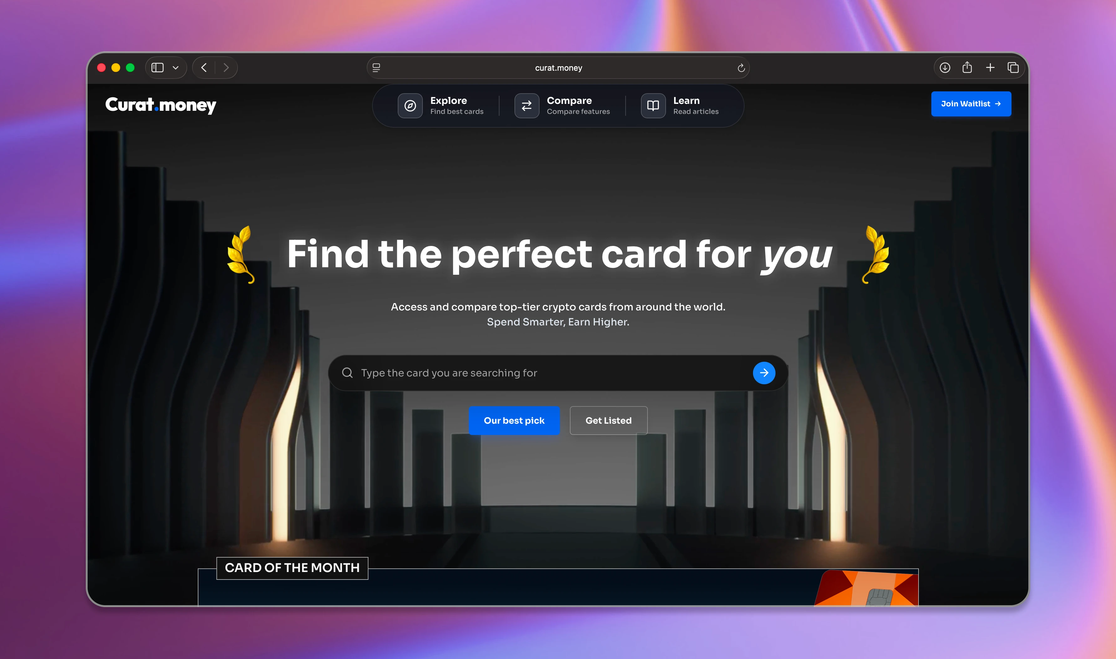 Curat crypto card discovery and loyalty platform interface