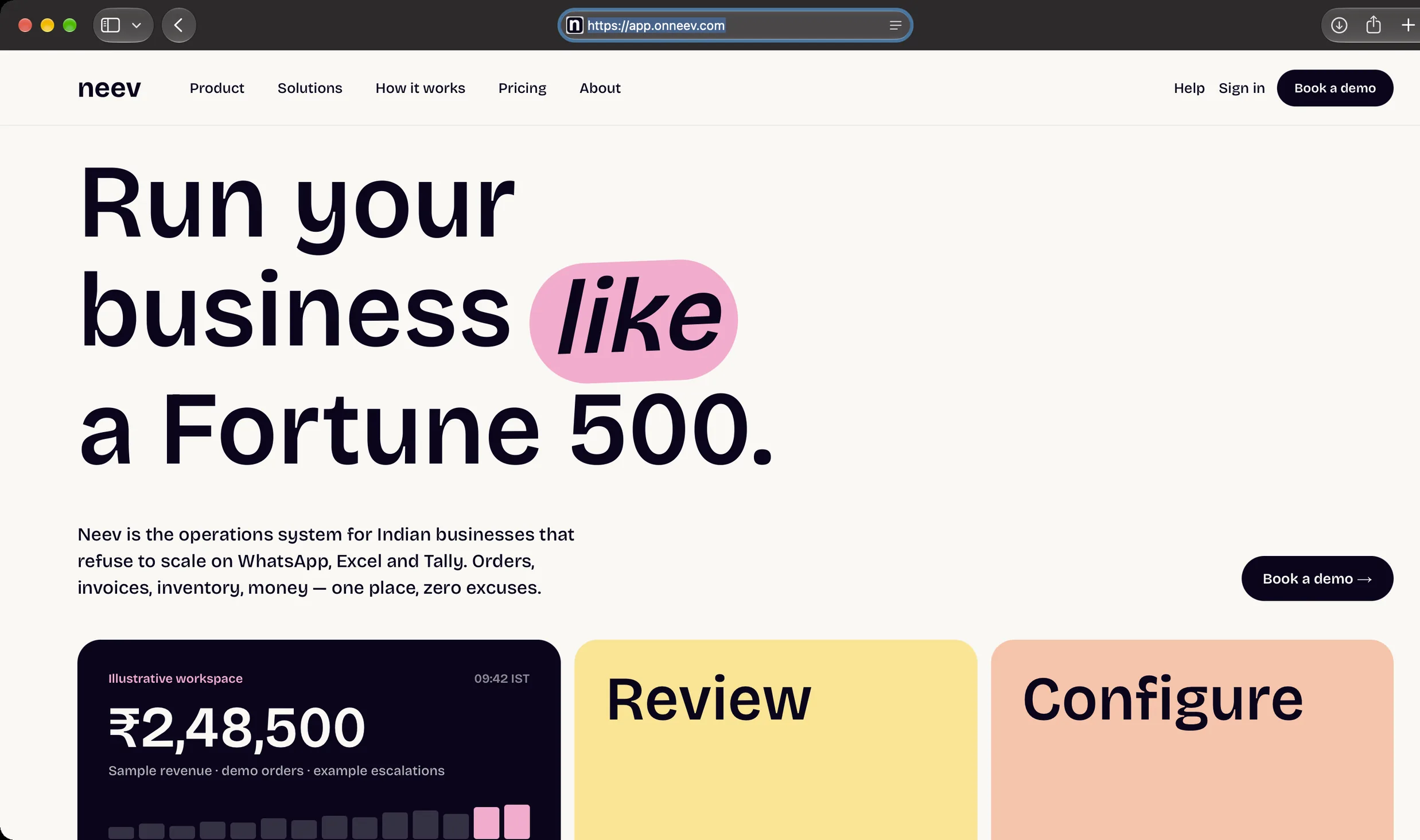Neev homepage hero showing Run your business like a Fortune 500 with revenue workspace cards