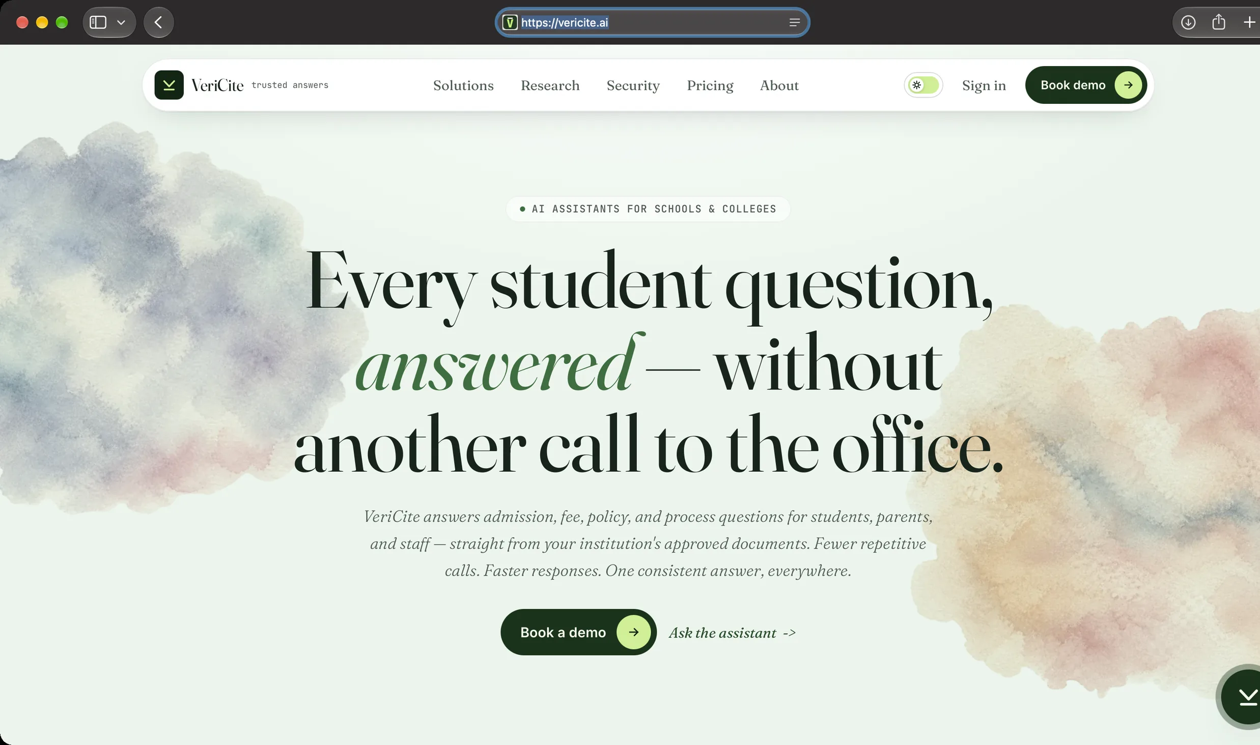 VeriCite console sign-in with brand panel Answers your institution can trust