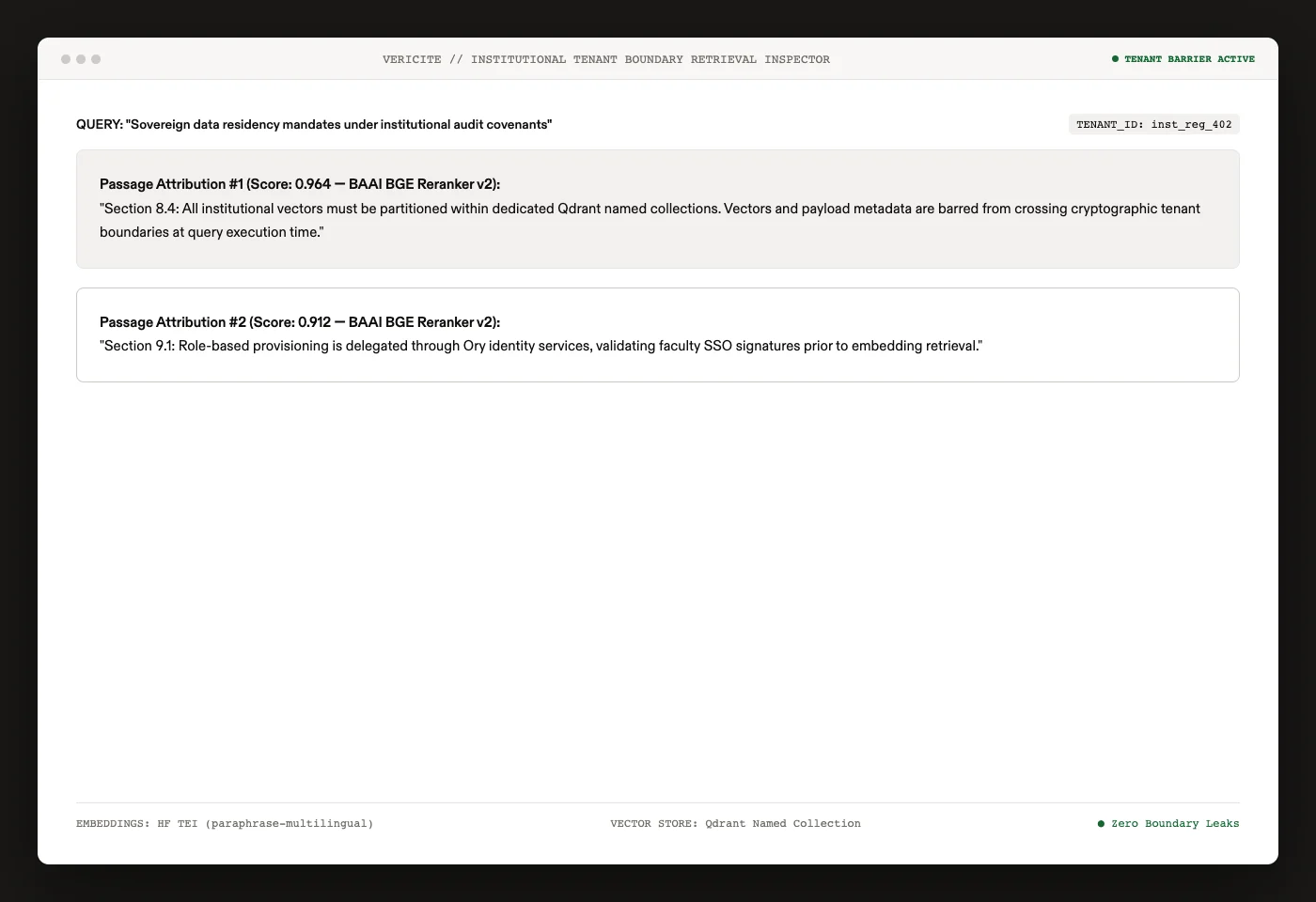 VeriCite institutional tenant boundary retrieval inspector with rerank scores